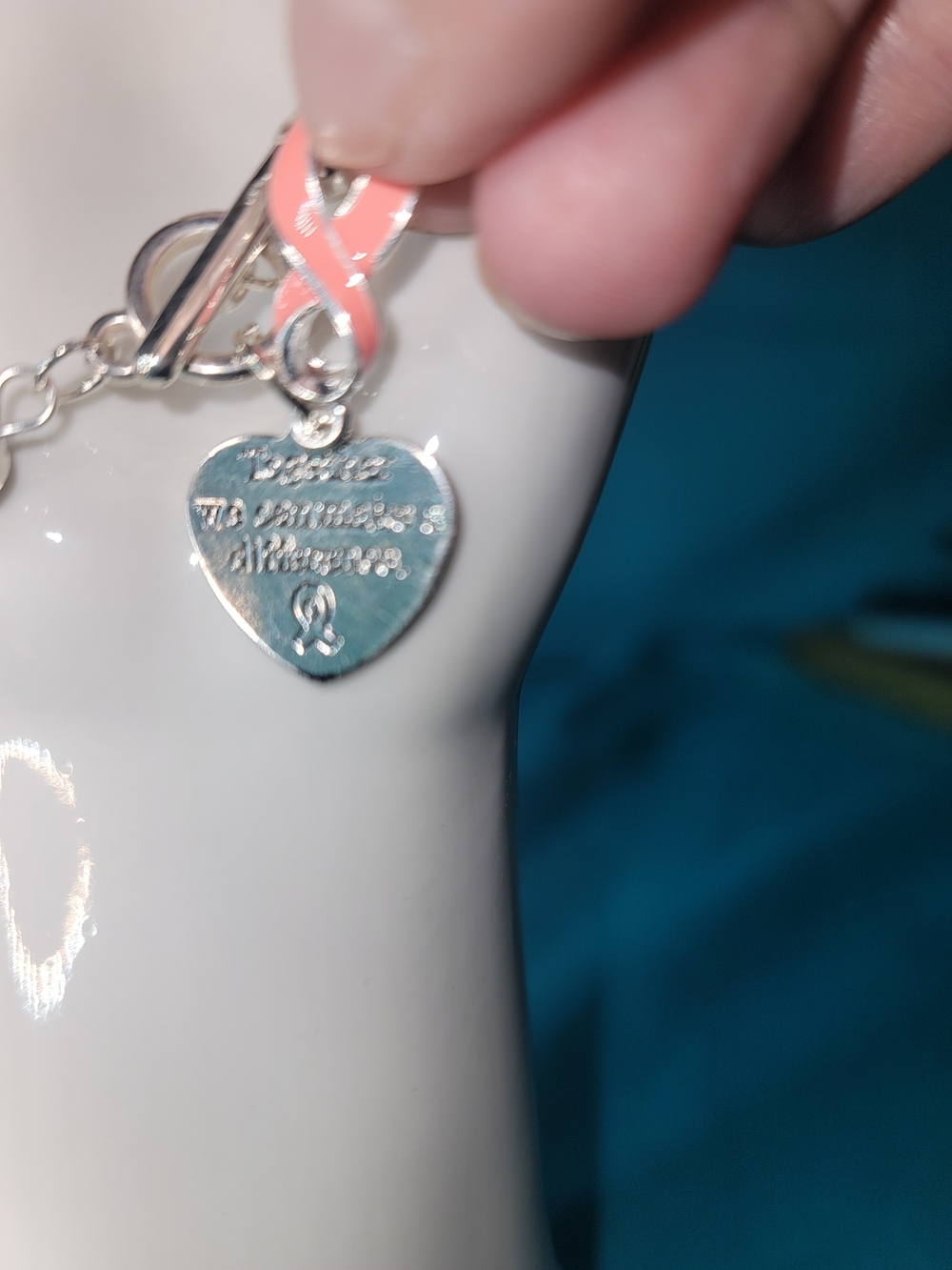 Breast Cancer Awareness Pink Ribbon Heart Charm Bracelet - Accent